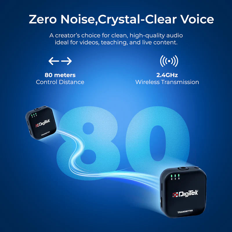 Digitek (DWM 101 Mini) 2-in-1 Wireless Microphone, 2.4G Mic for iOS/Android, DSLR, PC/Laptop, 80m Range, TF Card Recording, 4.5hr Battery, Real-Time Monitoring, Ideal for Vlogging, Streaming, Meetings