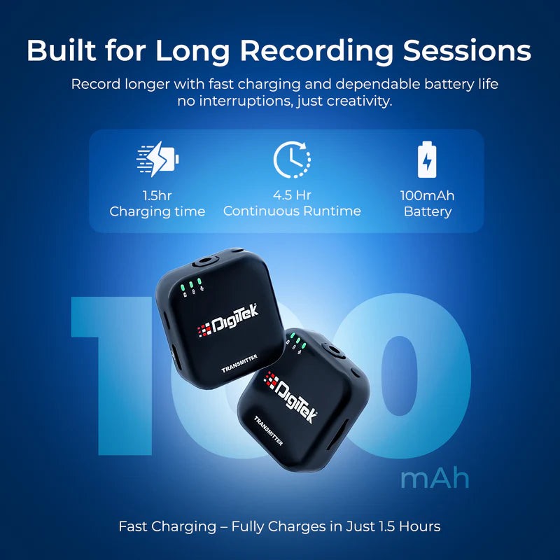 Digitek (DWM 101 Mini) 2-in-1 Wireless Microphone, 2.4G Mic for iOS/Android, DSLR, PC/Laptop, 80m Range, TF Card Recording, 4.5hr Battery, Real-Time Monitoring, Ideal for Vlogging, Streaming, Meetings