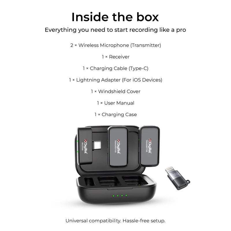 Digitek (DWM 120) Wireless Microphone System, Noice Reduction, 2.4G Mic with 50m Range & 4.5Hr Battery, for iPhone & Android Smartphones, Ideal for Vlogging, Streaming & Interviews