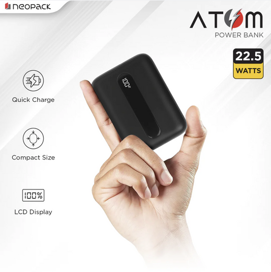 Neopack Atom 10000 mAH Power Bank with USB-A & USB-C @ 22.5W Dual Port Fast Charging Outputs (Black)