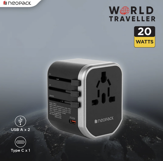 Neopack World Traveller Plus Adapter 20W with India Plug Compatible Sockets, 1 X USB-C PD + 2 X USB A Pots, All in One Worldwide for USA, EU, UK, AUS (Black)