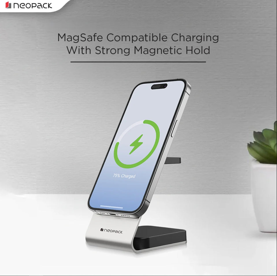 Neopack 3 IN One Wireless Charging Stand 15W Compatible With iPhone, Apple Watch & Airpod (Silver)