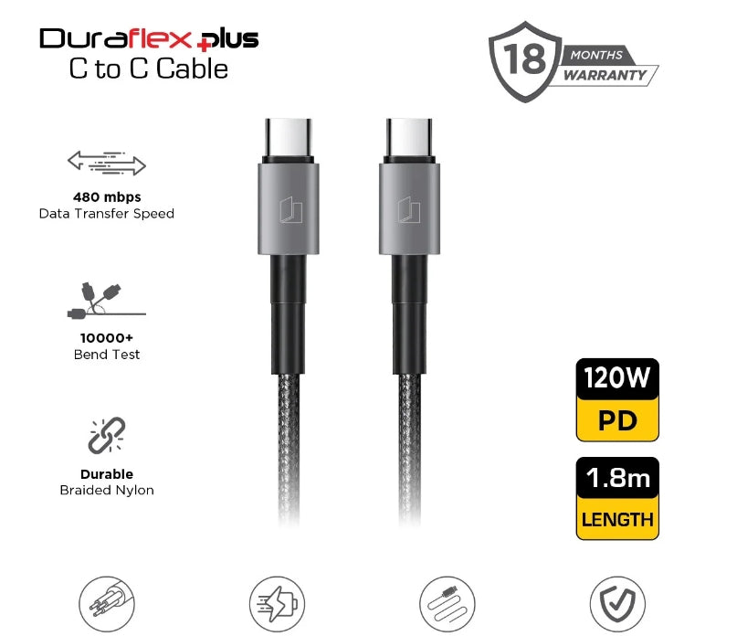 Duraflex Plus 120W Type C to C Unbreakable Nylon Braided Charing Cable (1.8 Mtr, Black)