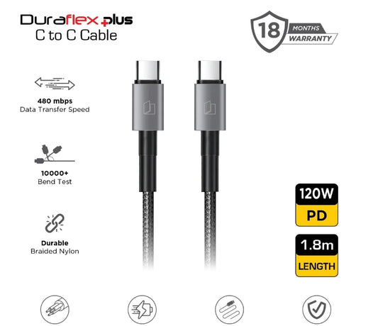 Duraflex Plus 120W Type C to C Unbreakable Nylon Braided Charing Cable (1.8 Mtr, Black)