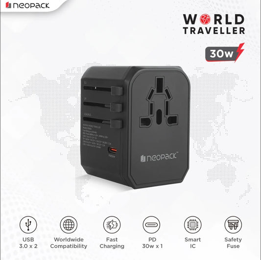 World Traveller Adapter Neopack with AC Outlet, 2 x USB 3.0, 1 x USB-C 30W PD Fast Charging, All in One Worldwide for USA, EU, UK, AUS (Black)