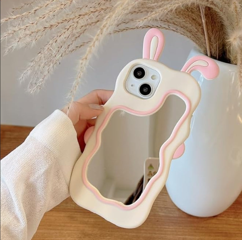 iphone 16 Bunny Case 3D Cartoon Ears,Full Protective Rabbit Wavy Mirror Stereo Kawaii Curvy Cute Soft Silicone Fashion for Girls Woman