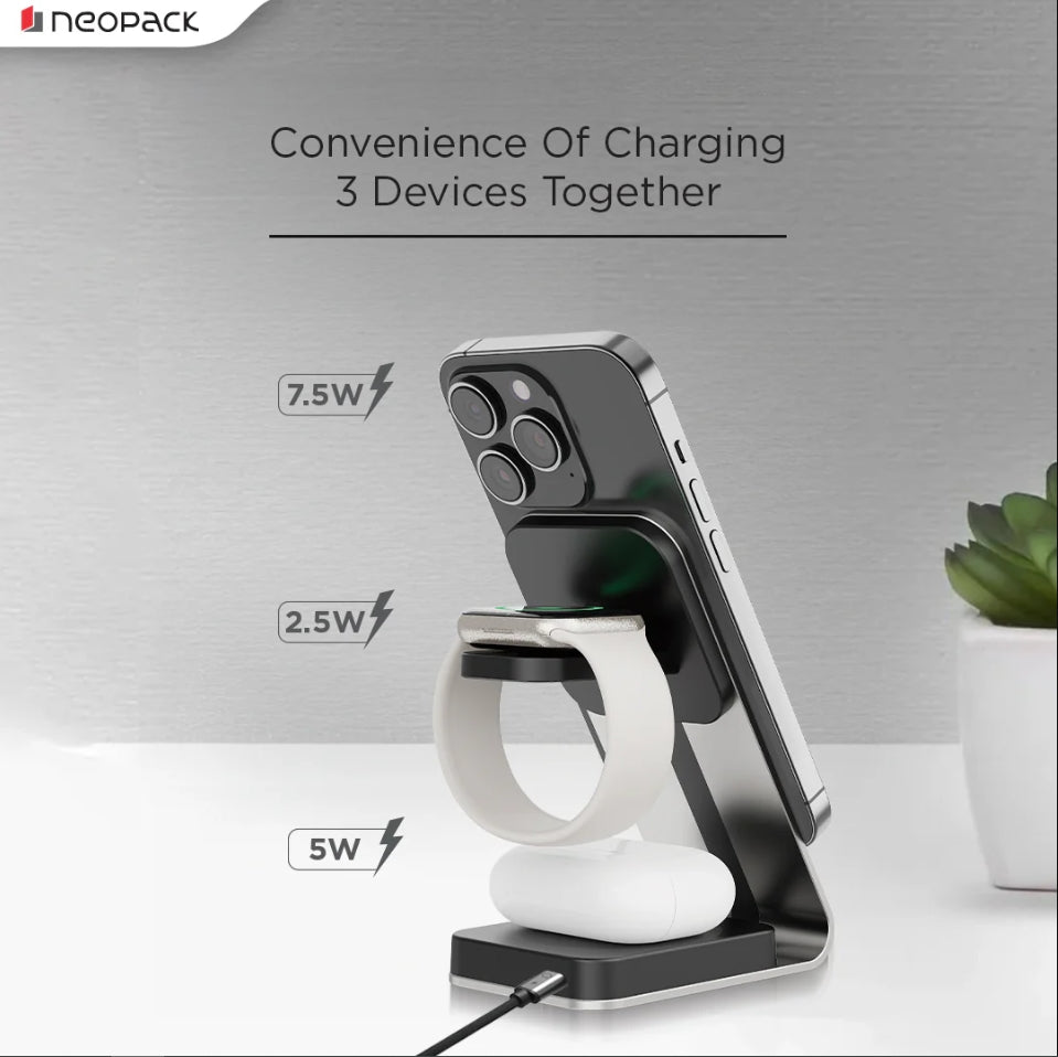 Neopack 3 IN One Wireless Charging Stand 15W Compatible With iPhone, Apple Watch & Airpod (Silver)