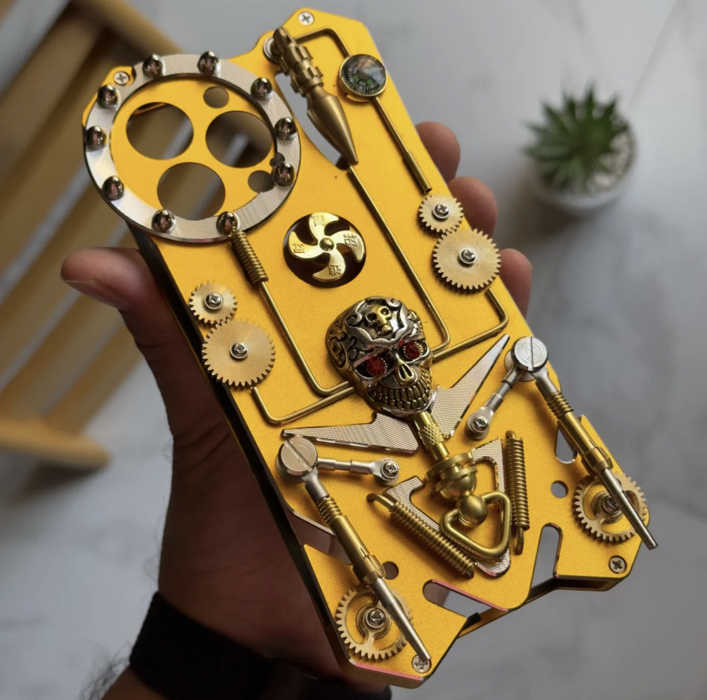 Luxury Shockproof Armor Metal Gear Stand Phone CaseAluminum Cooling Skull Compass Cover (Yellow gold look) iphone 14pro ,iphone15pro,