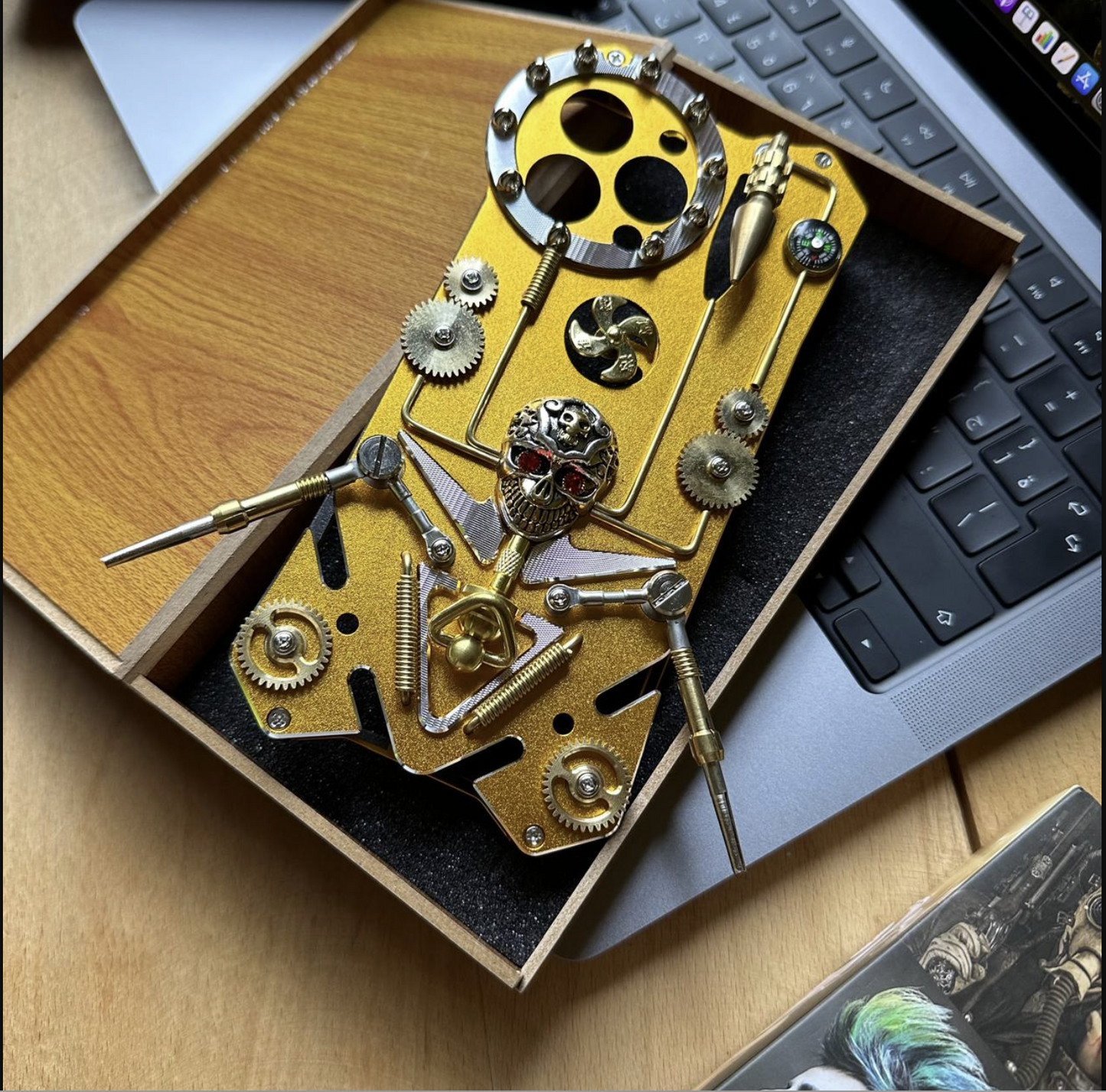 Luxury Shockproof Armor Metal Gear Stand Phone CaseAluminum Cooling Skull Compass Cover (Yellow gold look) iphone 14pro ,iphone15pro,