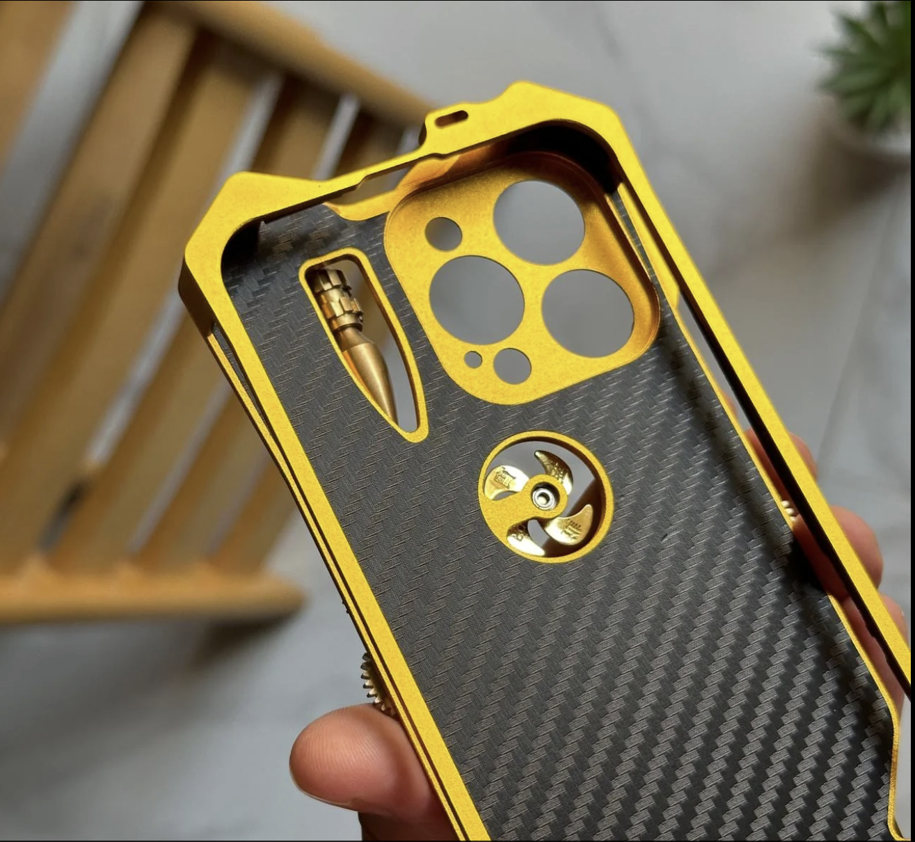 Luxury Shockproof Armor Metal Gear Stand Phone CaseAluminum Cooling Skull Compass Cover (Yellow gold look) iphone 14pro ,iphone15pro,