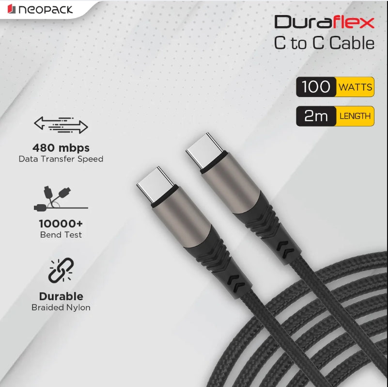 Duraflex 100W Type C to C Unbreakable Nylon Braided Charing Cable (2 Mtr, Black neopack