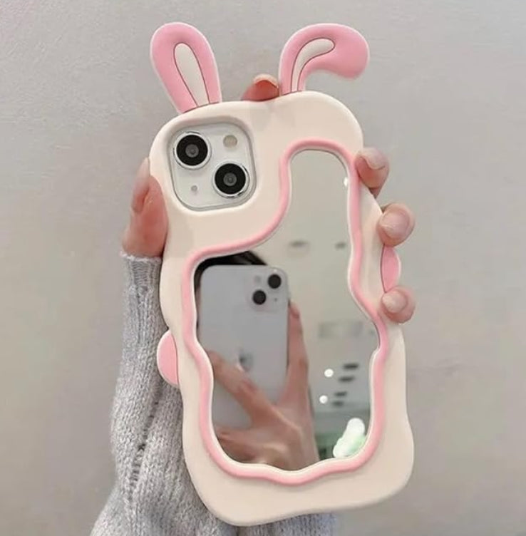iphone 16 Bunny Case 3D Cartoon Ears,Full Protective Rabbit Wavy Mirror Stereo Kawaii Curvy Cute Soft Silicone Fashion for Girls Woman