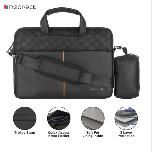 NEOPACK Leather Sleeve with Pouch for Upto 14.6" Macbooks (Black)