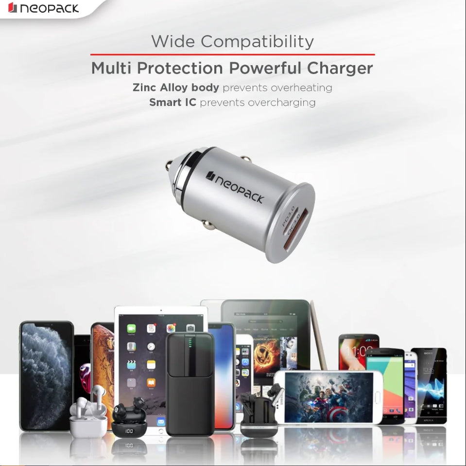 Neopack 45W Dual Port QC 3.0 Turbo Car Charger with USB-C @ 30W & USB-A @ 15W (Silver)