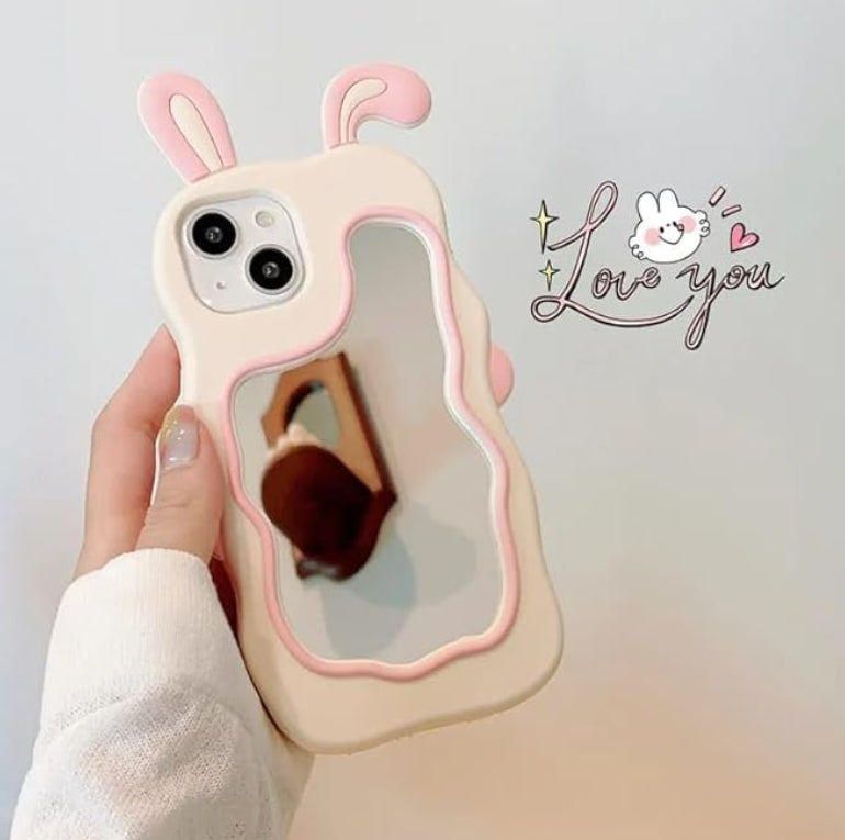 iphone 16 Bunny Case 3D Cartoon Ears,Full Protective Rabbit Wavy Mirror Stereo Kawaii Curvy Cute Soft Silicone Fashion for Girls Woman