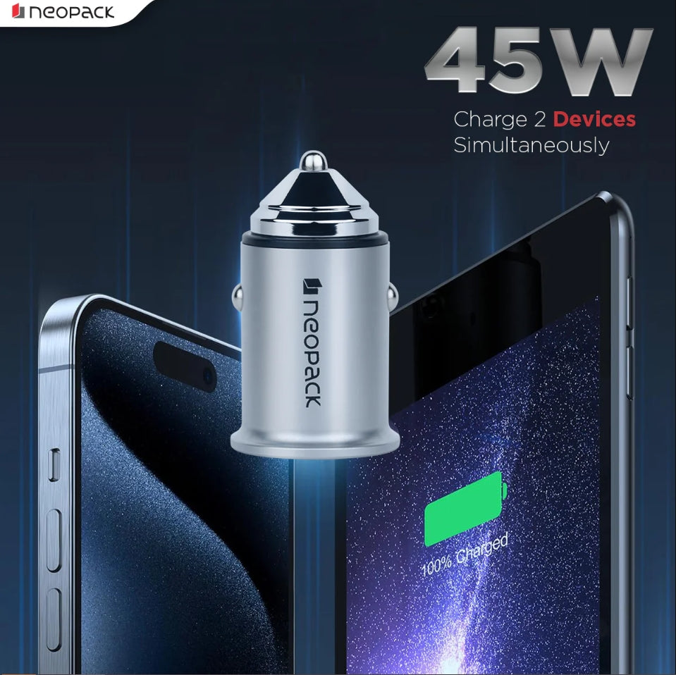 Neopack 45W Dual Port QC 3.0 Turbo Car Charger with USB-C @ 30W & USB-A @ 15W (Silver)