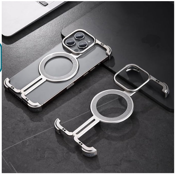 Magnetic Phone Case for iPhone with Metal Camera Stand, Compatible with MagSafe, Slim Shockproof Bumper Case Sleek Minimalist Frameless Aluminum Shells,