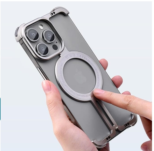 Magnetic Phone Case for iPhone with Metal Camera Stand, Compatible with MagSafe, Slim Shockproof Bumper Case Sleek Minimalist Frameless Aluminum Shells,