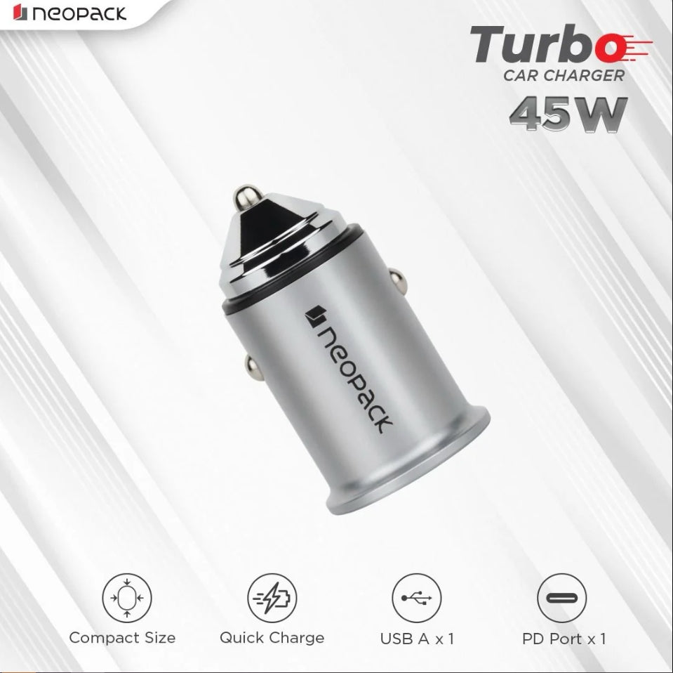 Neopack 45W Dual Port QC 3.0 Turbo Car Charger with USB-C @ 30W & USB-A @ 15W (Silver)